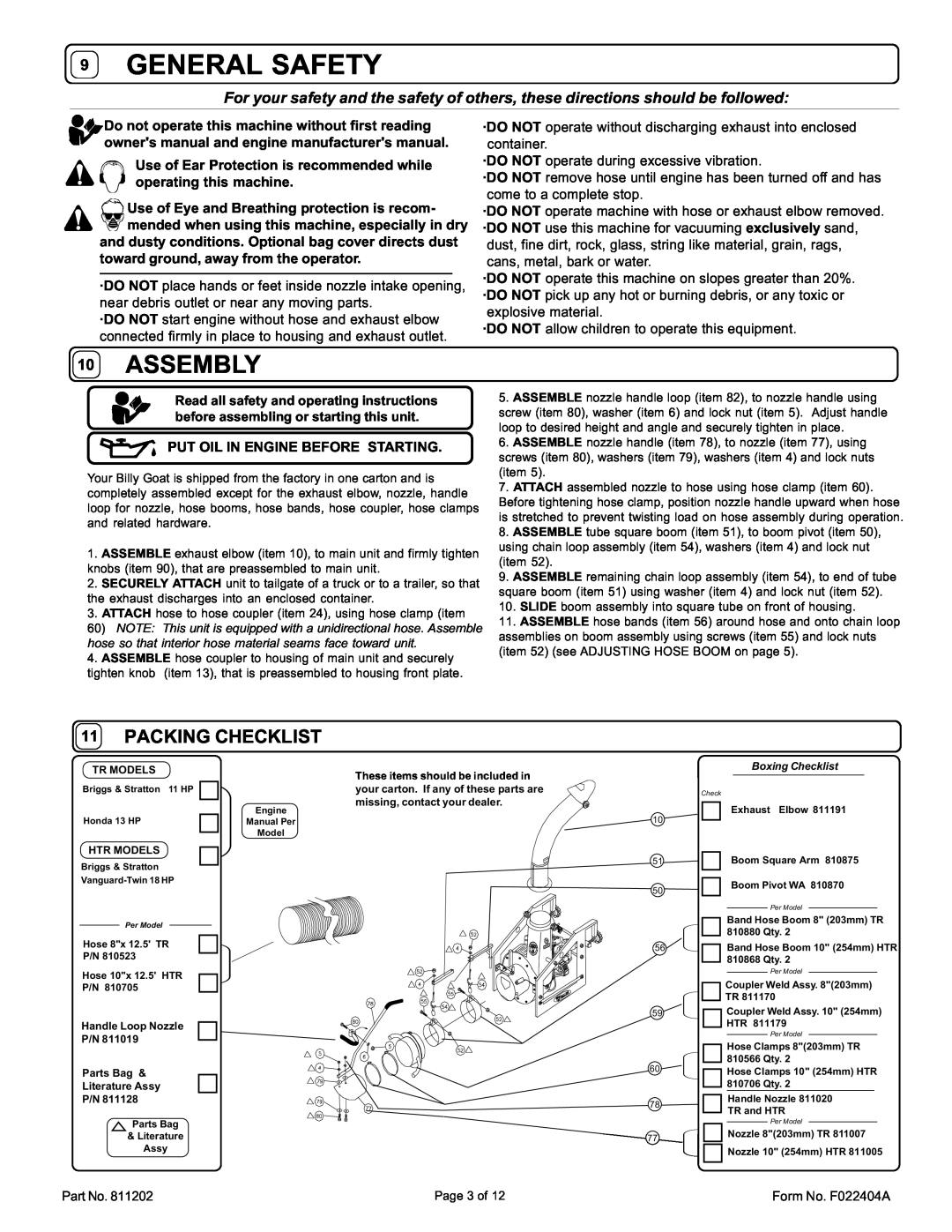 Billy Goat HTR1803V specifications General Safety, Assembly, Packing Checklist 