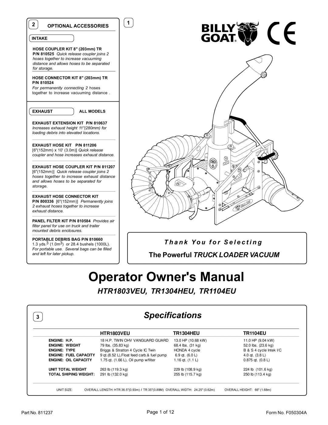 Billy Goat TR1104EU, HTR1803VEU specifications A n k Yo u f o r S e l e c t i n g, Optional Accessories, Form No. F050304A 