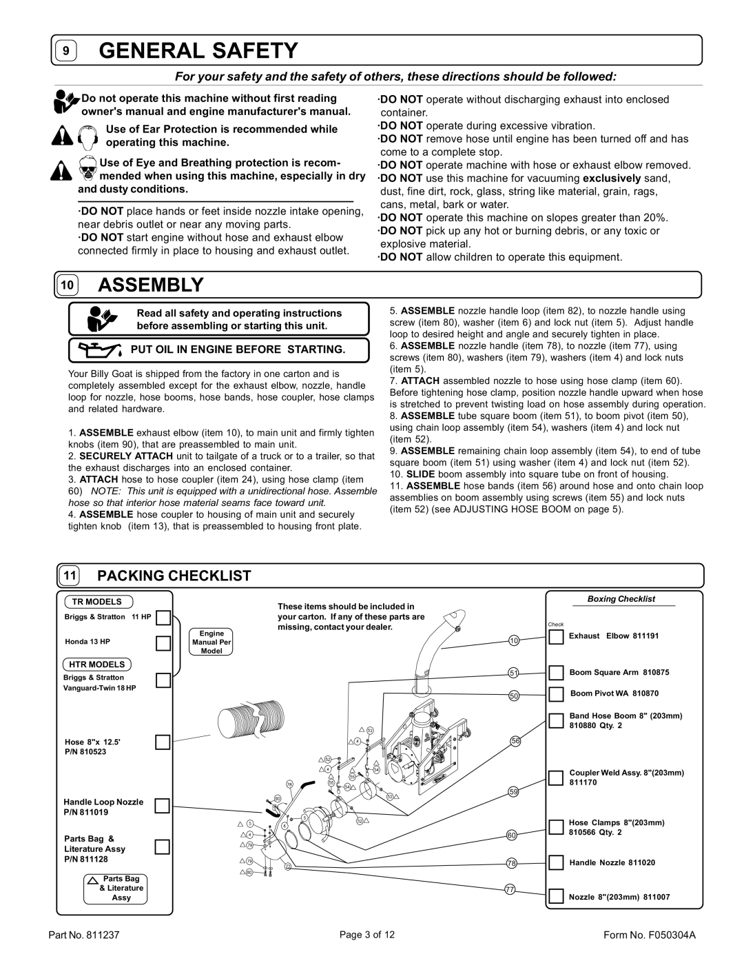 Billy Goat HTR1803VEU, TR1104EU, TR1304HEU specifications General Safety, PUT OIL in Engine Before Starting 