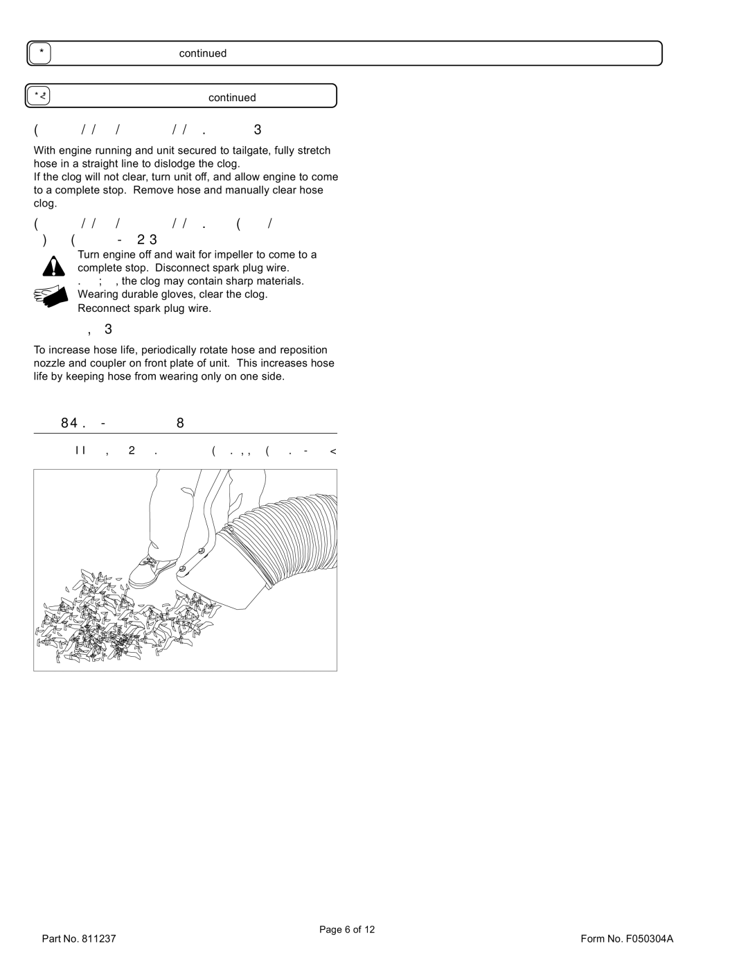 Billy Goat HTR1803VEU Operation, Unclogging a Clogged Hose, Unclogging a Clogged Housing or Exhaust Elbow, Hose Life 