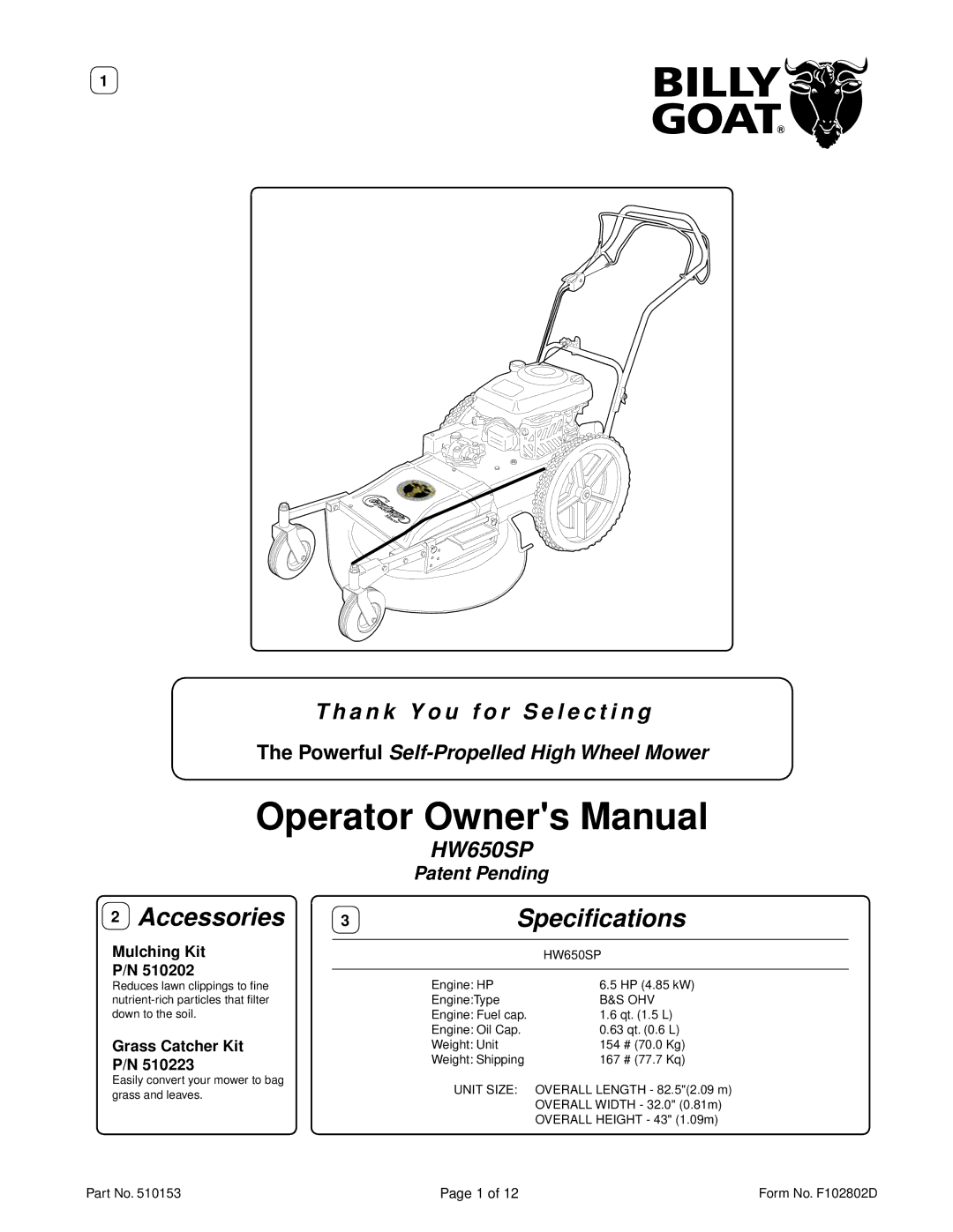 Billy Goat HW650SP owner manual Accessories Speciﬁcations 