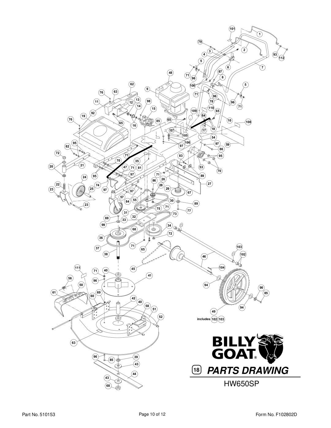 Billy Goat HW650SP owner manual Parts Drawing 