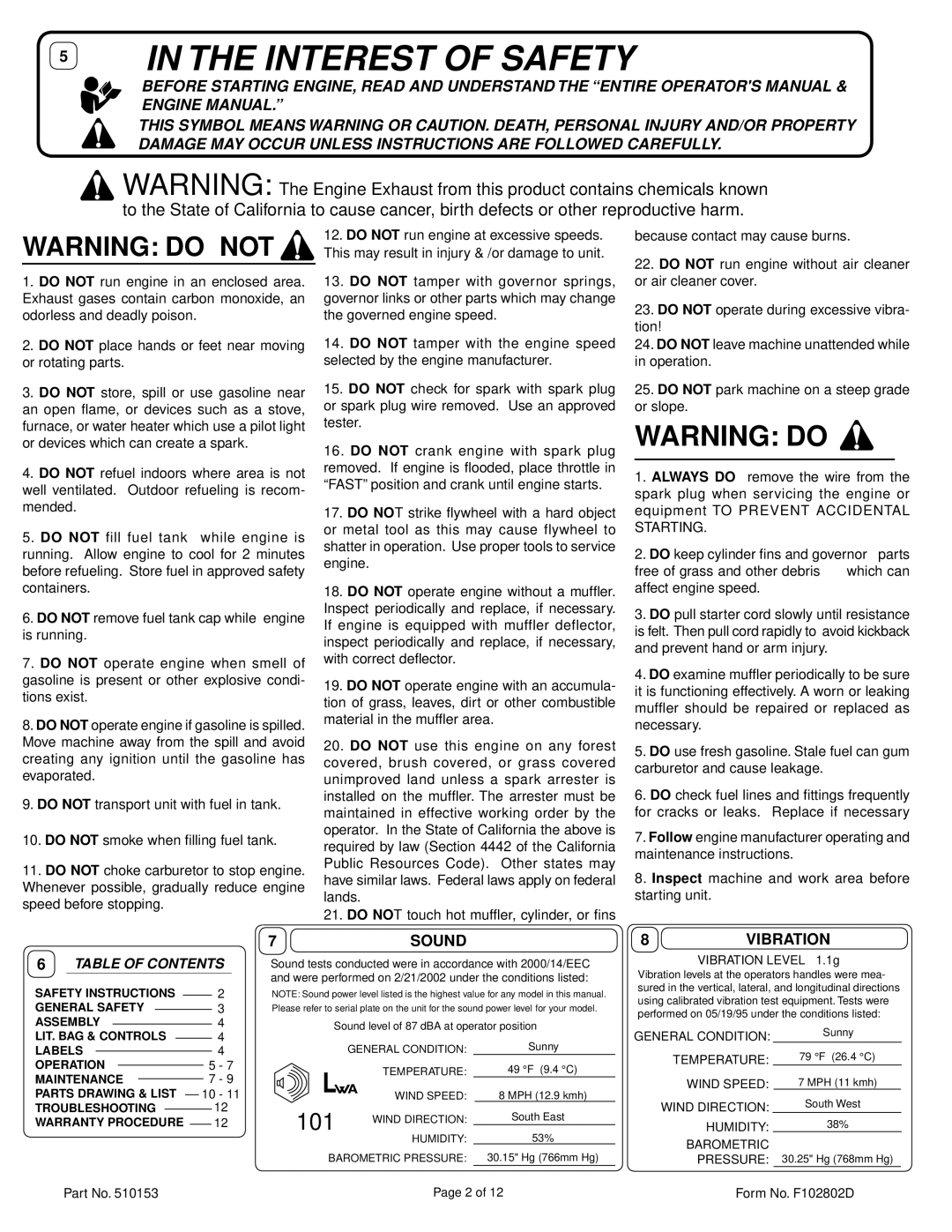 Billy Goat HW650SP owner manual 7SOUND, 8VIBRATION 