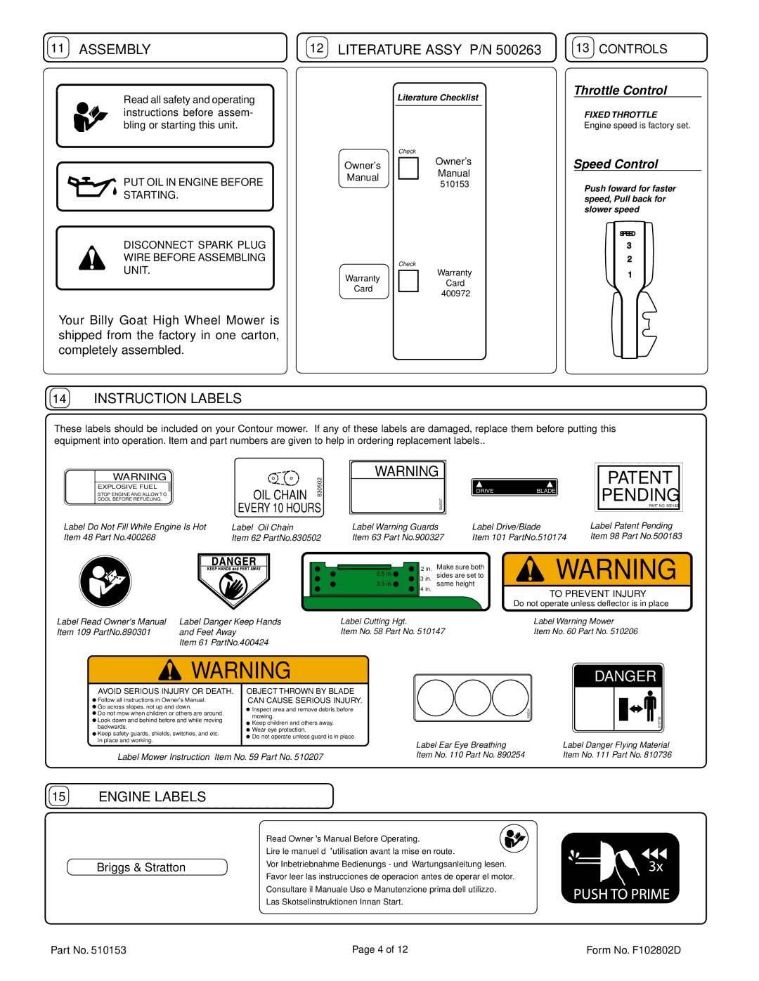 Billy Goat HW650SP owner manual Assembly, Controls 