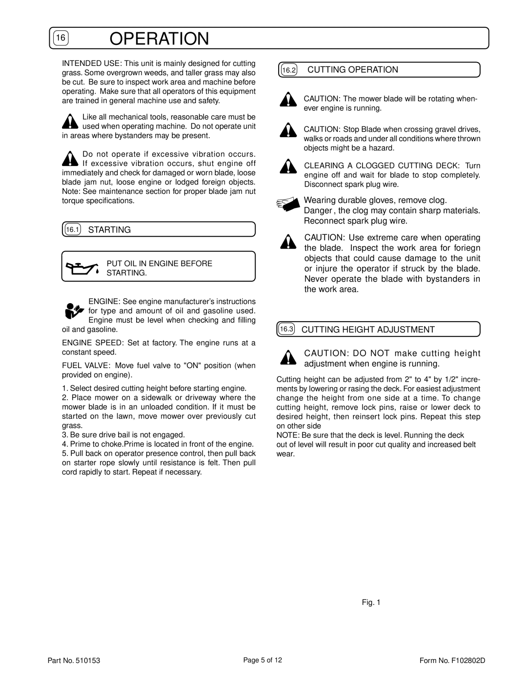 Billy Goat HW650SP owner manual Starting, Cutting Operation, Cutting Height Adjustment 