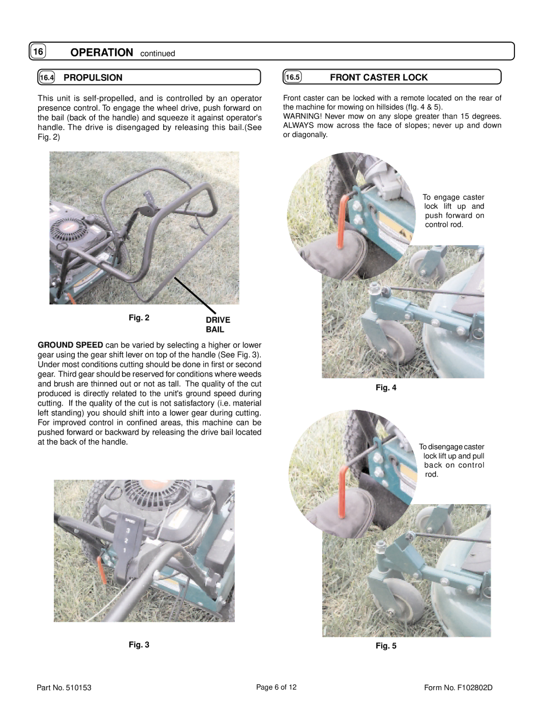 Billy Goat HW650SP owner manual Propulsion, Front Caster Lock 