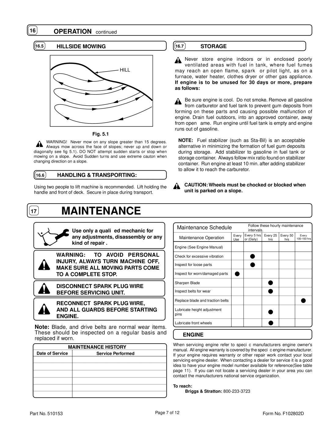 Billy Goat HW650SP owner manual Hillside Mowing, Handling & Transporting, Storage 