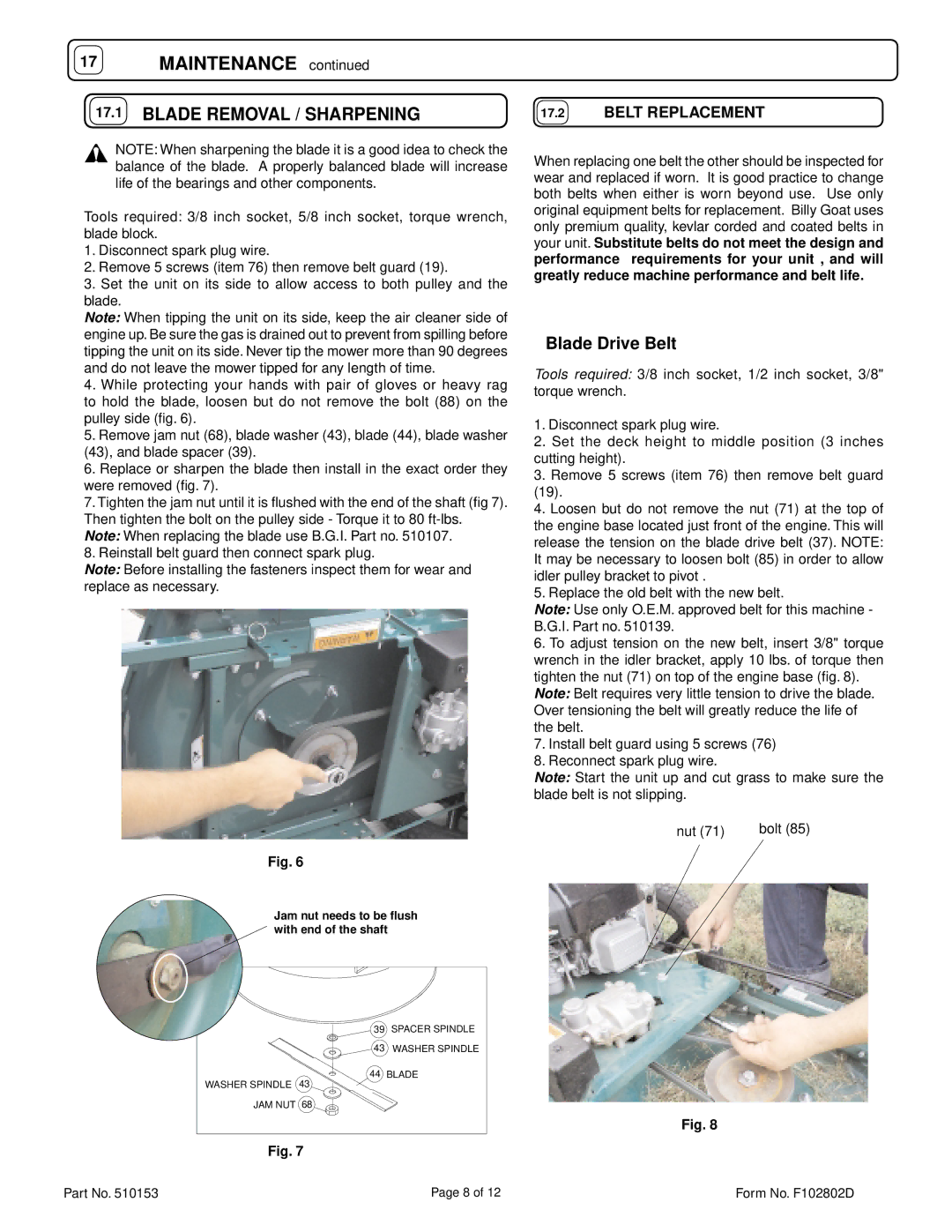 Billy Goat HW650SP owner manual Maintenance, Belt Replacement 