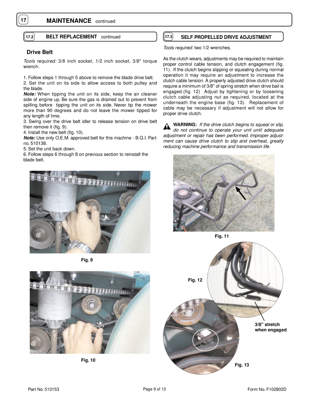 Billy Goat HW650SP owner manual Drive Belt, Self Propelled Drive Adjustment 