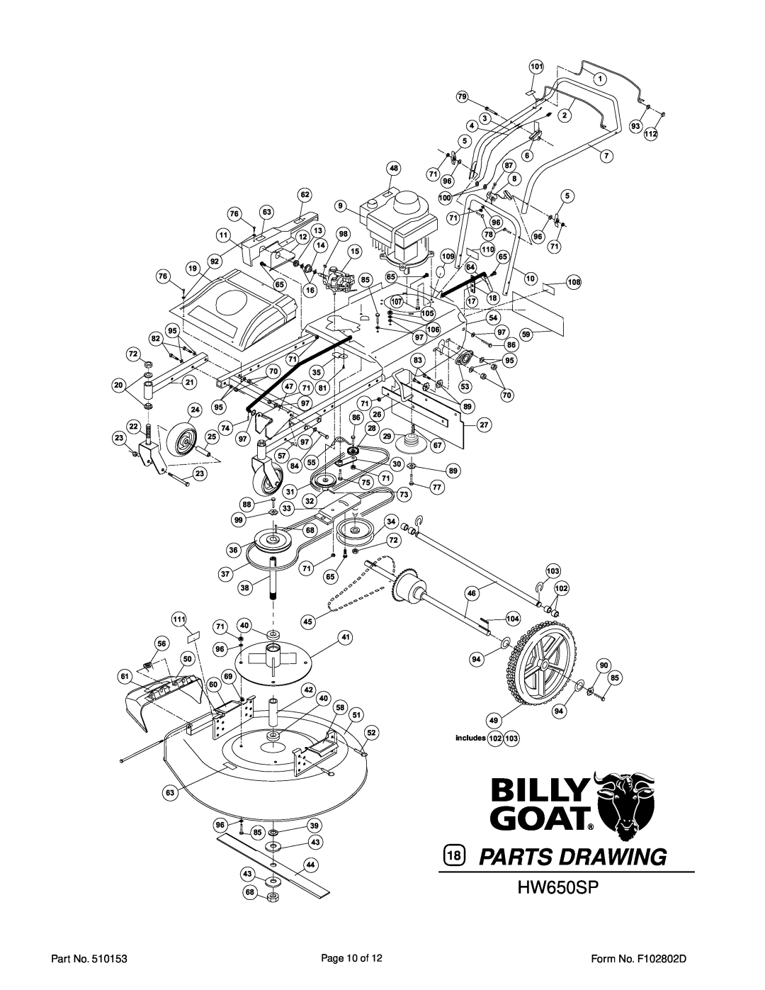 Billy Goat HW650SP owner manual Parts Drawing, 2021, 105 106, 7896 110, 108 103 102, includes 102 
