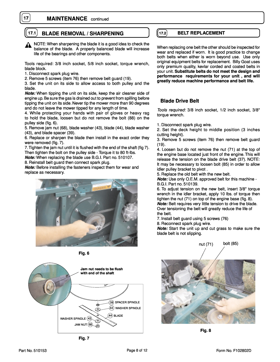 Billy Goat HW650SP owner manual MAINTENANCE continued, Blade Removal / Sharpening, Blade Drive Belt, Belt Replacement 