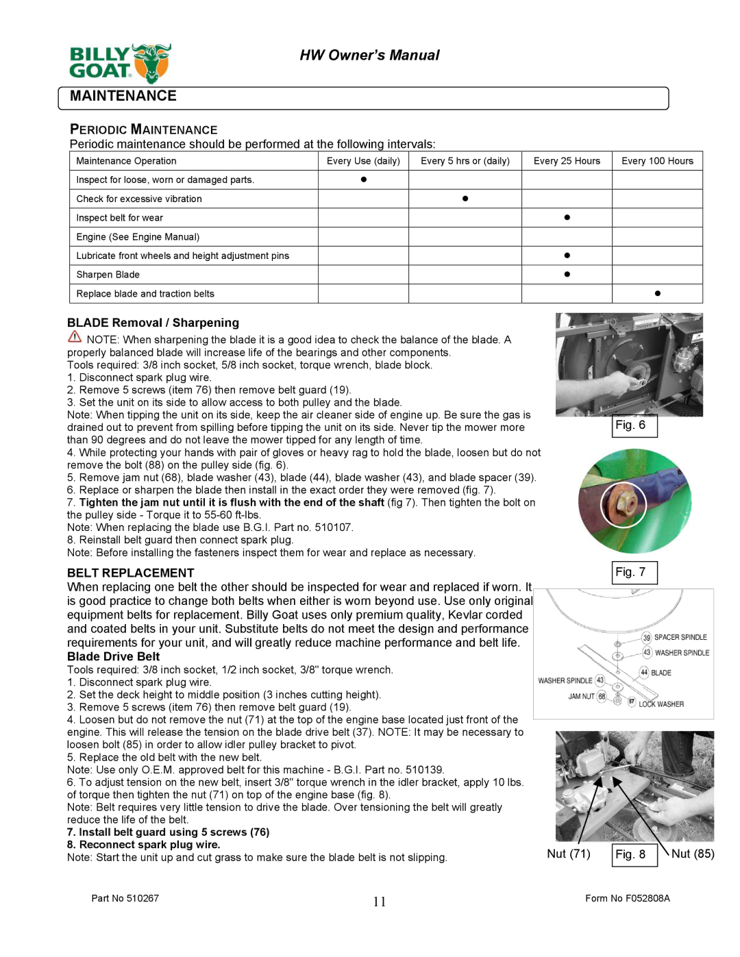 Billy Goat HW651HSP owner manual Periodic Maintenance, Belt Replacement 