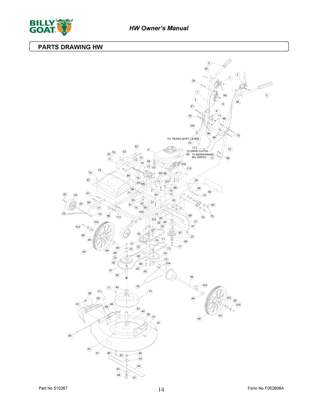 Billy Goat HW651HSP owner manual Parts Drawing HW 