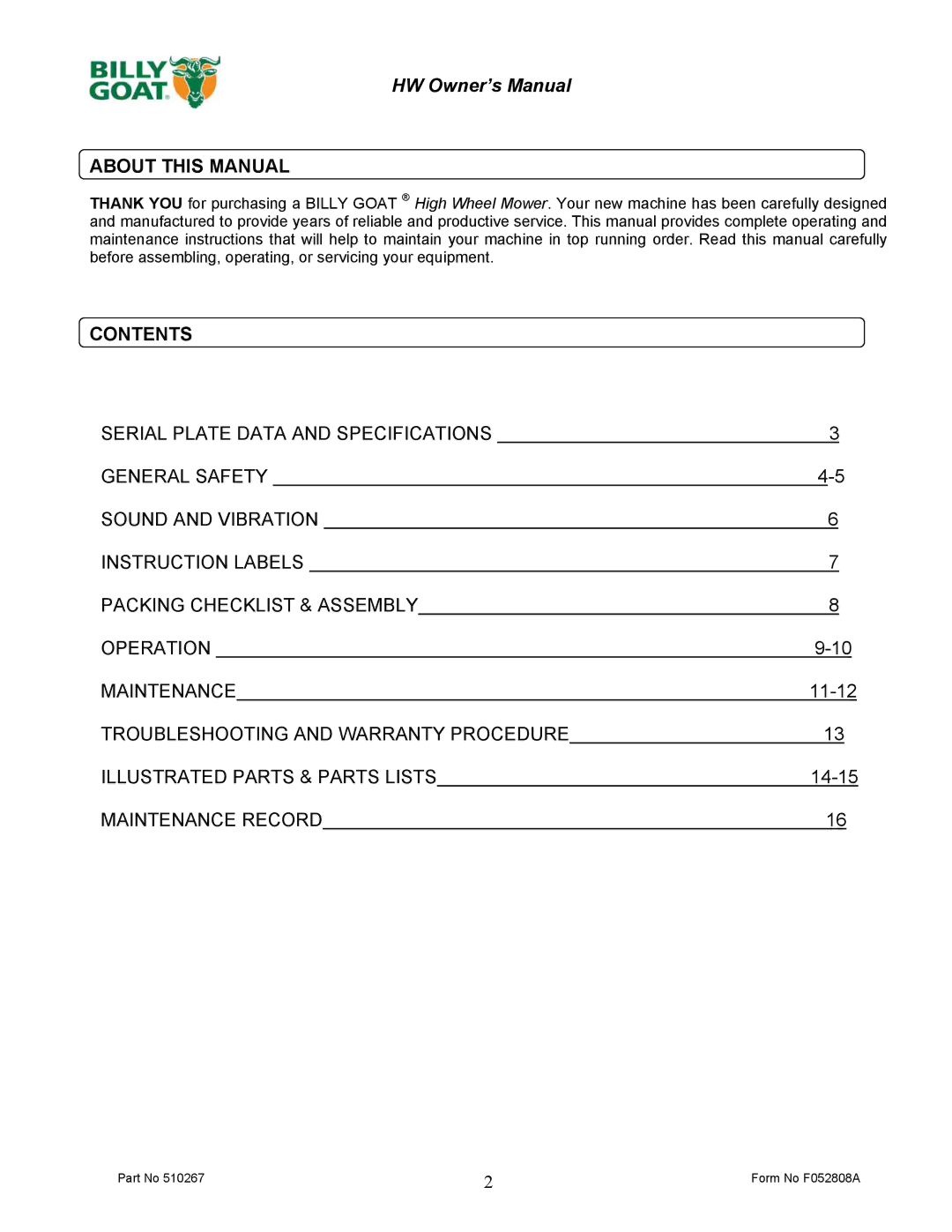 Billy Goat HW651HSP owner manual About this Manual, Contents 