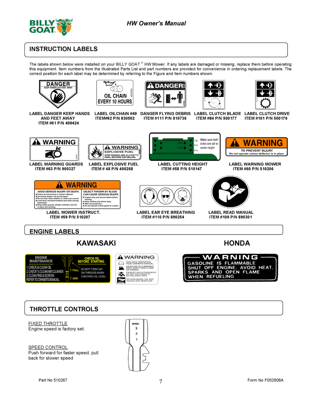 Billy Goat HW651HSP owner manual Instruction Labels, Engine Labels, Throttle Controls 