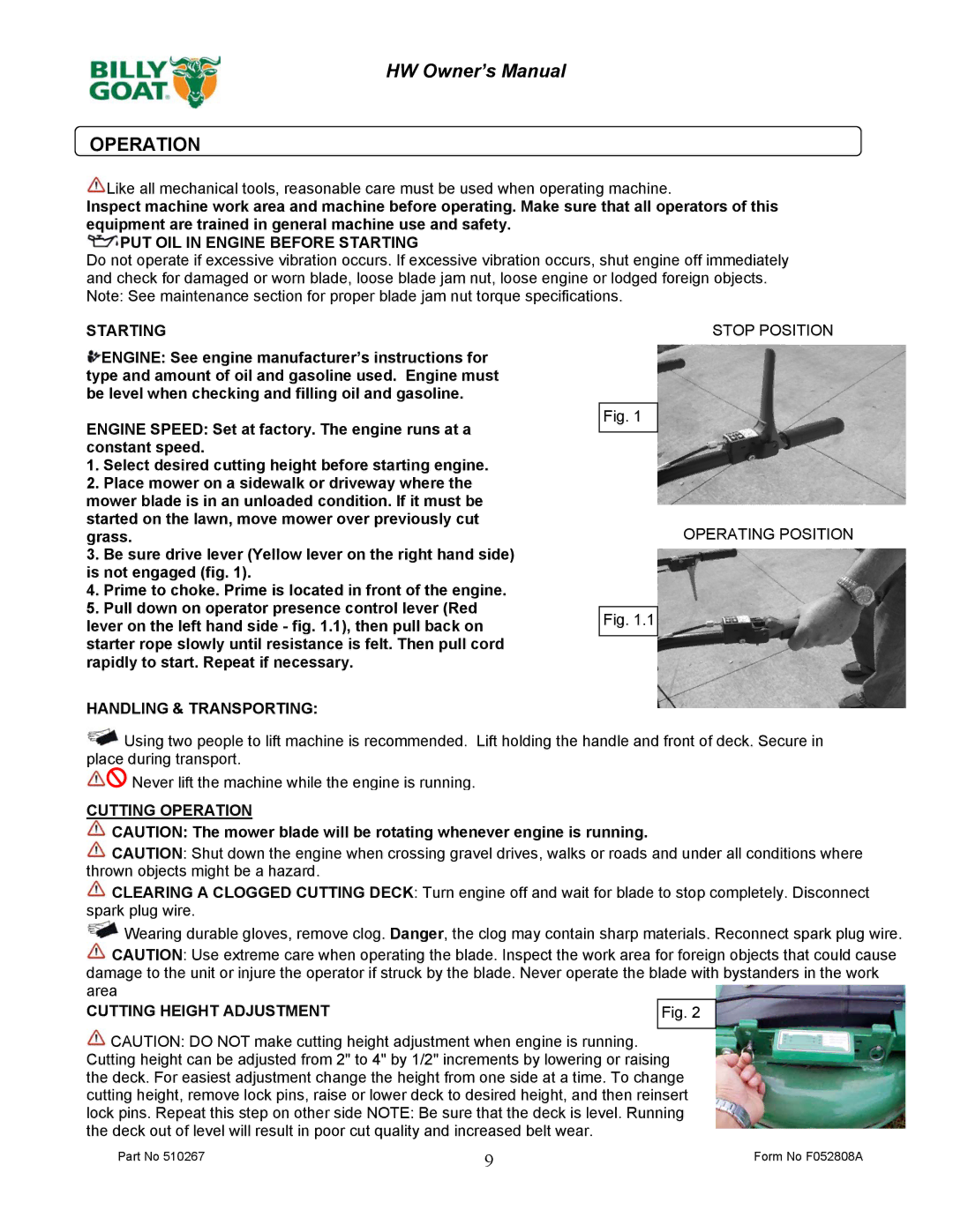 Billy Goat HW651HSP Starting Stop Position, Handling & Transporting, Cutting Operation, Cutting Height Adjustment 