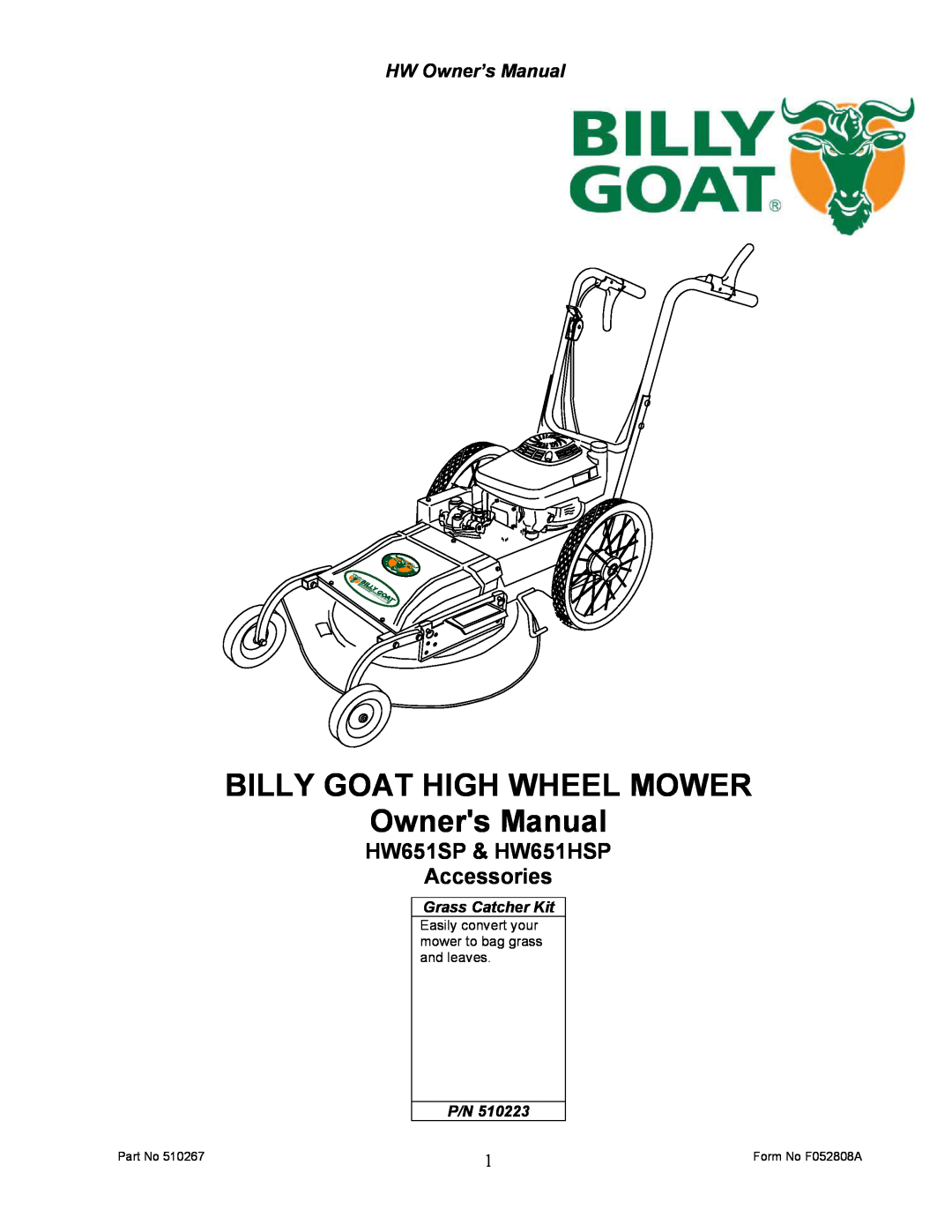 Billy Goat owner manual HW651SP & HW651HSP Accessories, Grass Catcher Kit, Highw 
