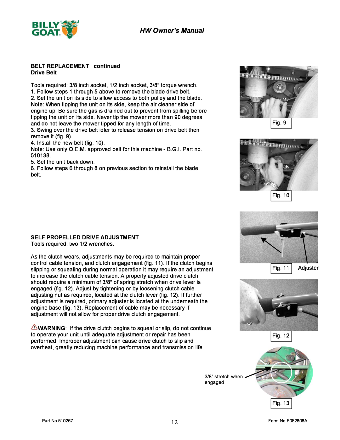 Billy Goat HW651HSP owner manual BELT REPLACEMENT continued Drive Belt, Self Propelled Drive Adjustment 