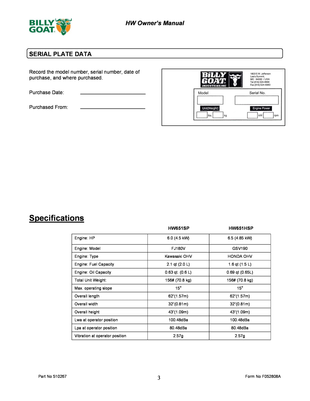 Billy Goat HW651HSP owner manual Serial Plate Data, Specifications, HW651SP 