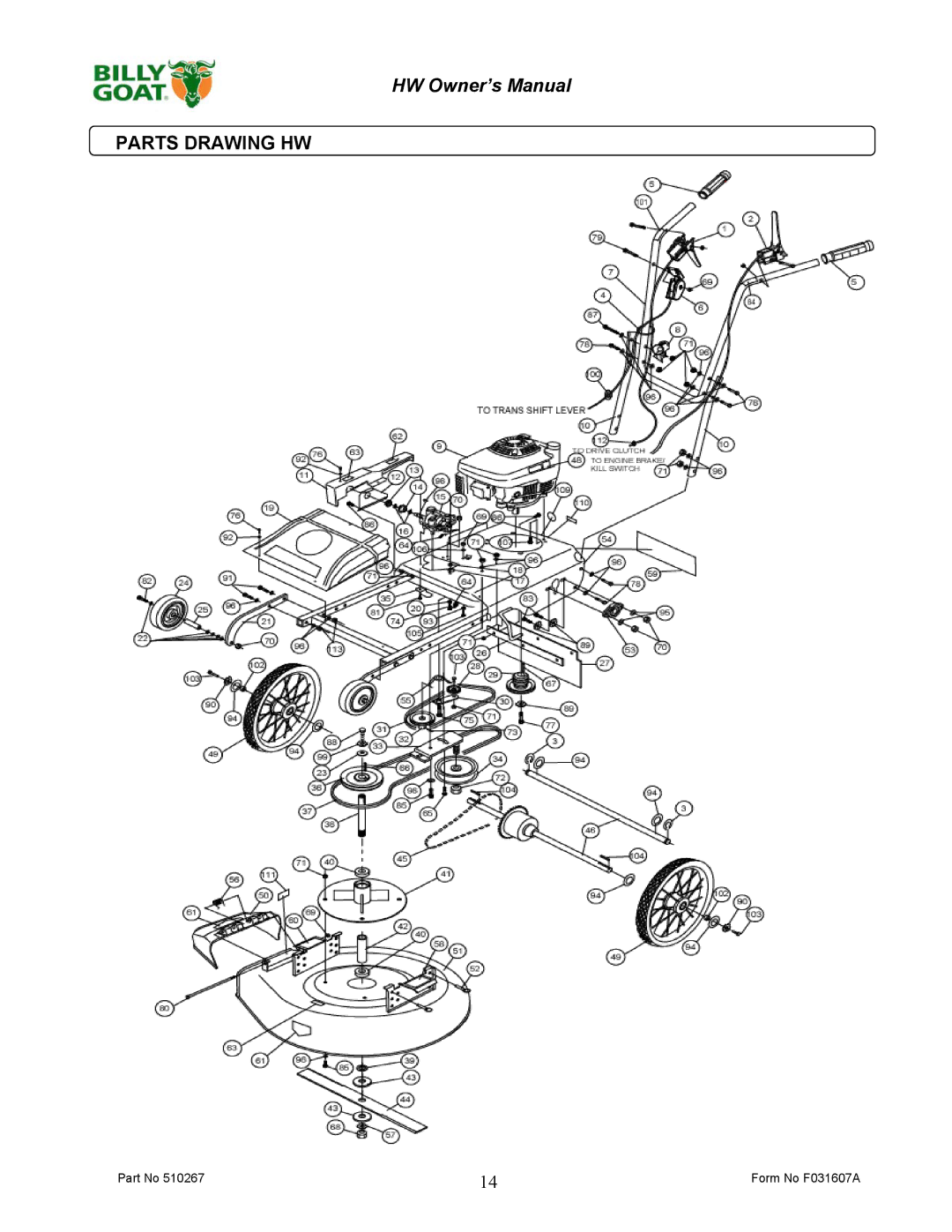 Billy Goat HW651SP owner manual Parts Drawing HW 