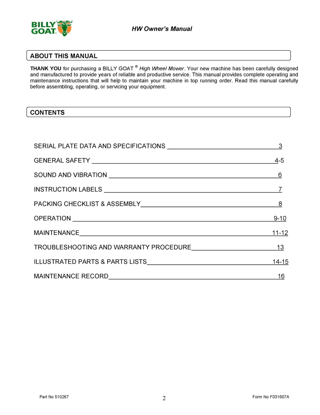 Billy Goat HW651SP owner manual About this Manual, Contents 