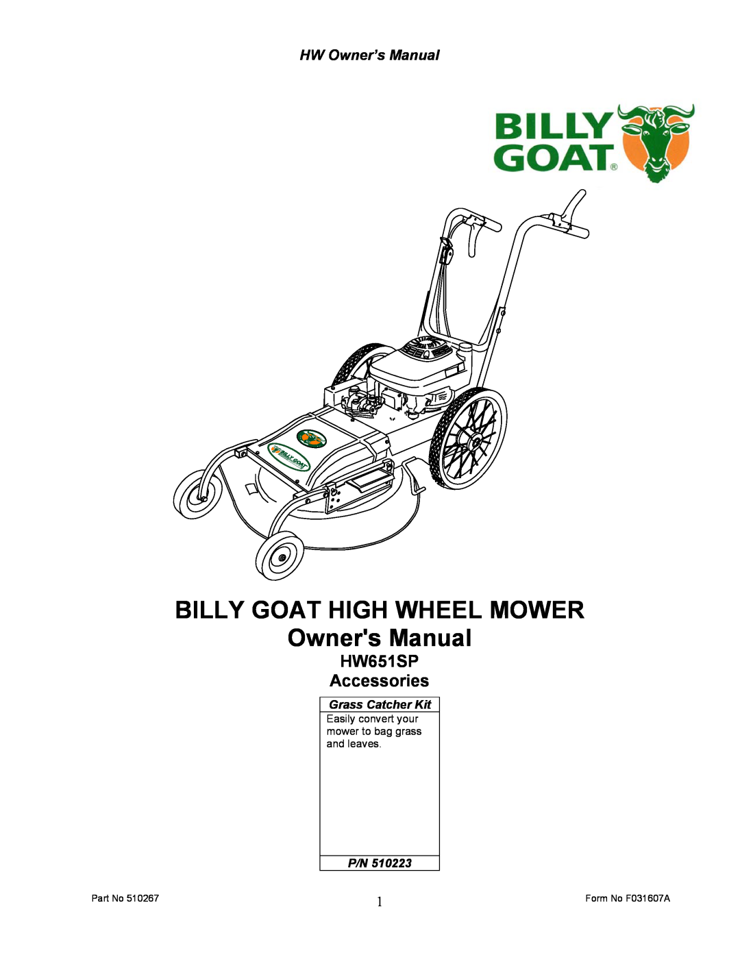Billy Goat owner manual HW651SP Accessories, Grass Catcher Kit, Highw 