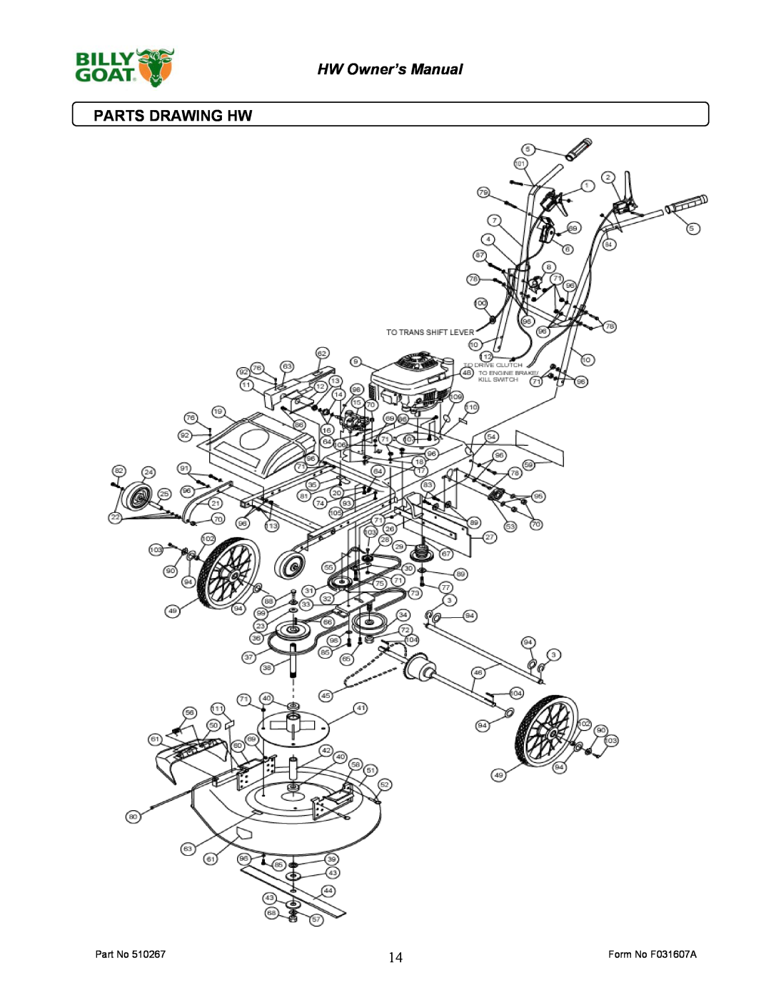 Billy Goat HW651SP owner manual Parts Drawing Hw 
