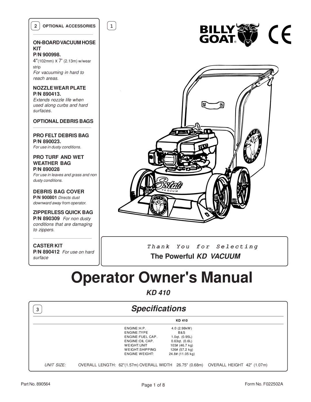 Billy Goat KD 410 specifications ON-BOARDVACUUM Hose KIT, Nozzle Wear Plate, Optional Debris Bags PRO Felt Debris BAG 