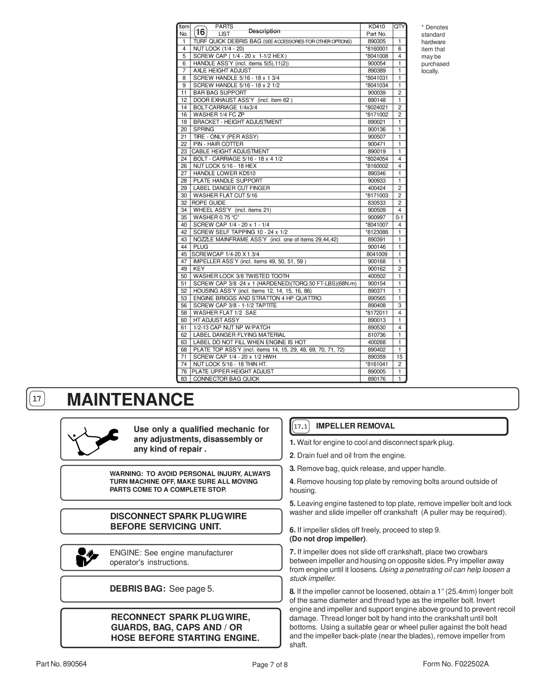 Billy Goat KD 410 specifications Disconnect Spark Plug Wire Before Servicing Unit, Description 