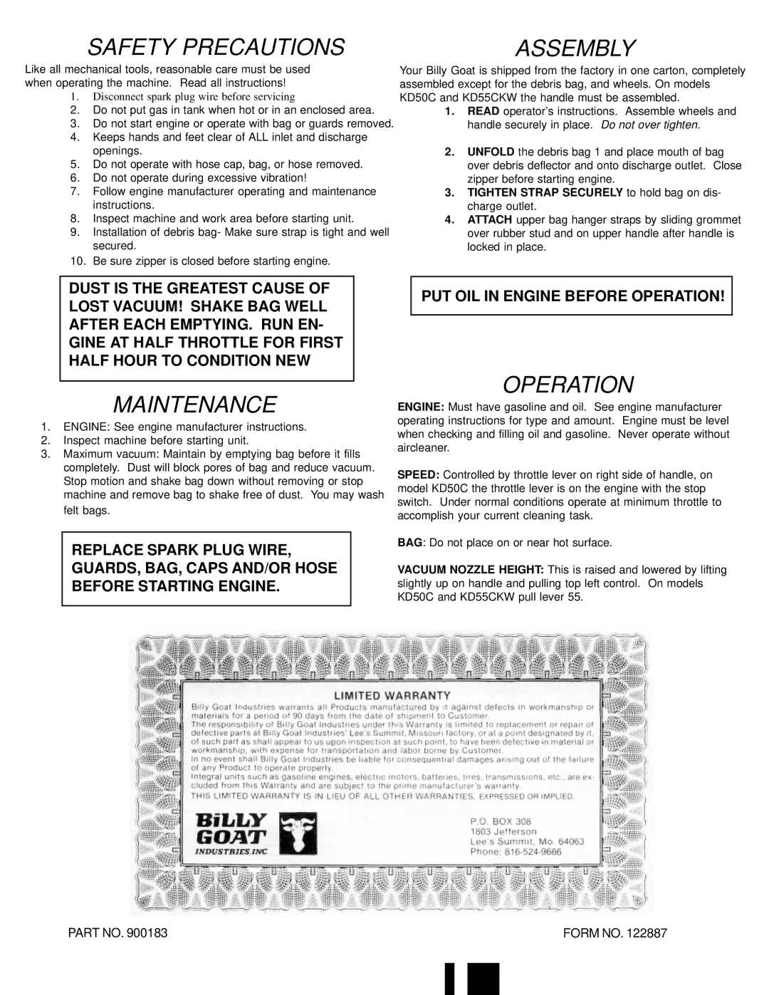 Billy Goat KD-50T, KD-55CKW, KD-50CT owner manual Safety Precautions 