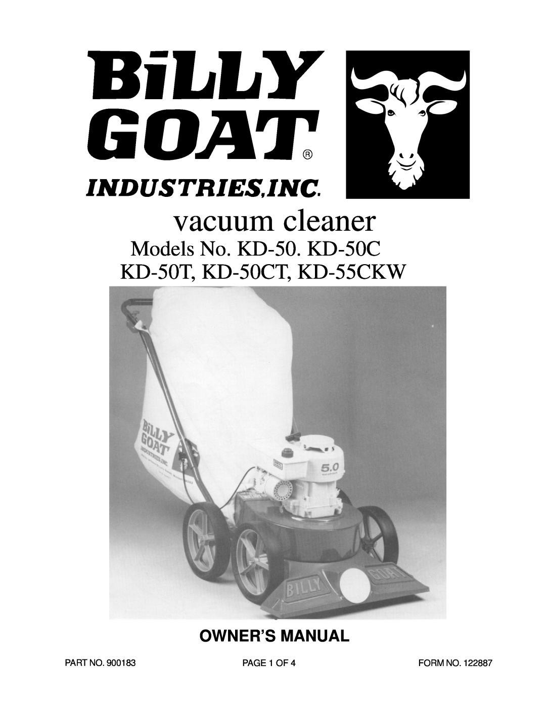 Billy Goat owner manual vacuum cleaner, Models No. KD-50. KD-50C KD-50T, KD-50CT, KD-55CKW, Owner’S Manual, PAGE 1 OF 