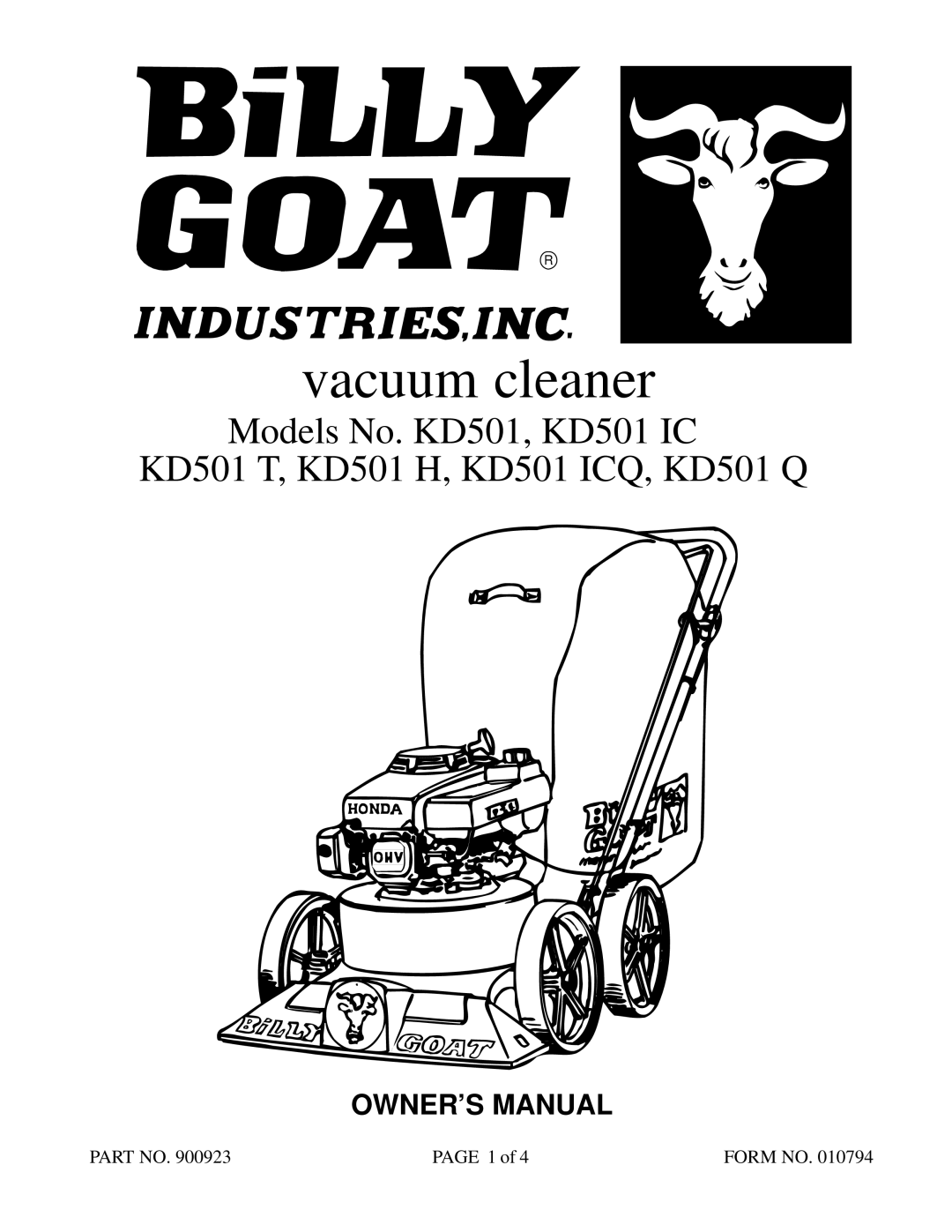 Billy Goat KD501 Q, KD501 T, KD501 ICQ, KD501 H owner manual Vacuum cleaner 