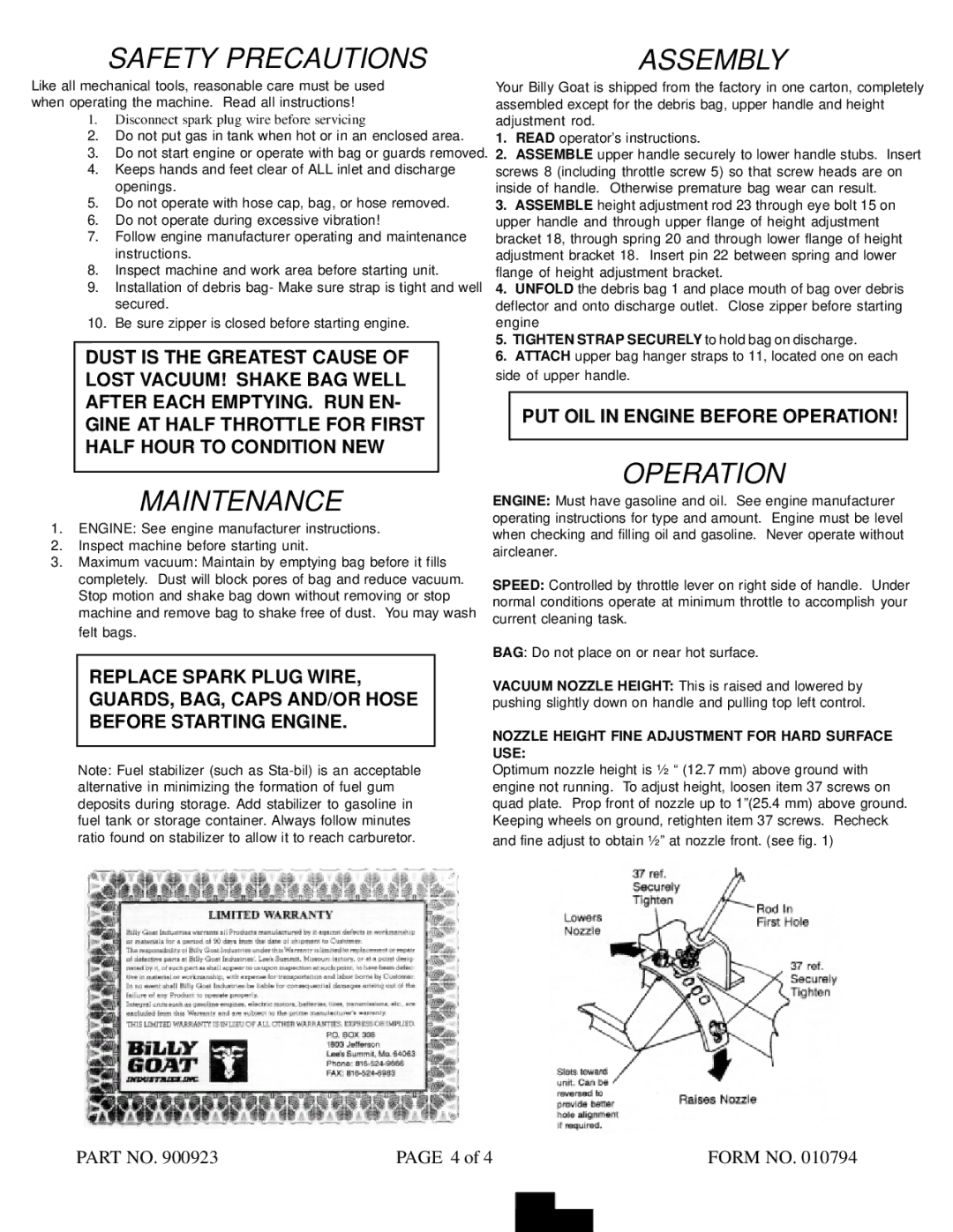 Billy Goat KD501 ICQ, KD501 T, KD501 Q, KD501 H owner manual Safety Precautions 