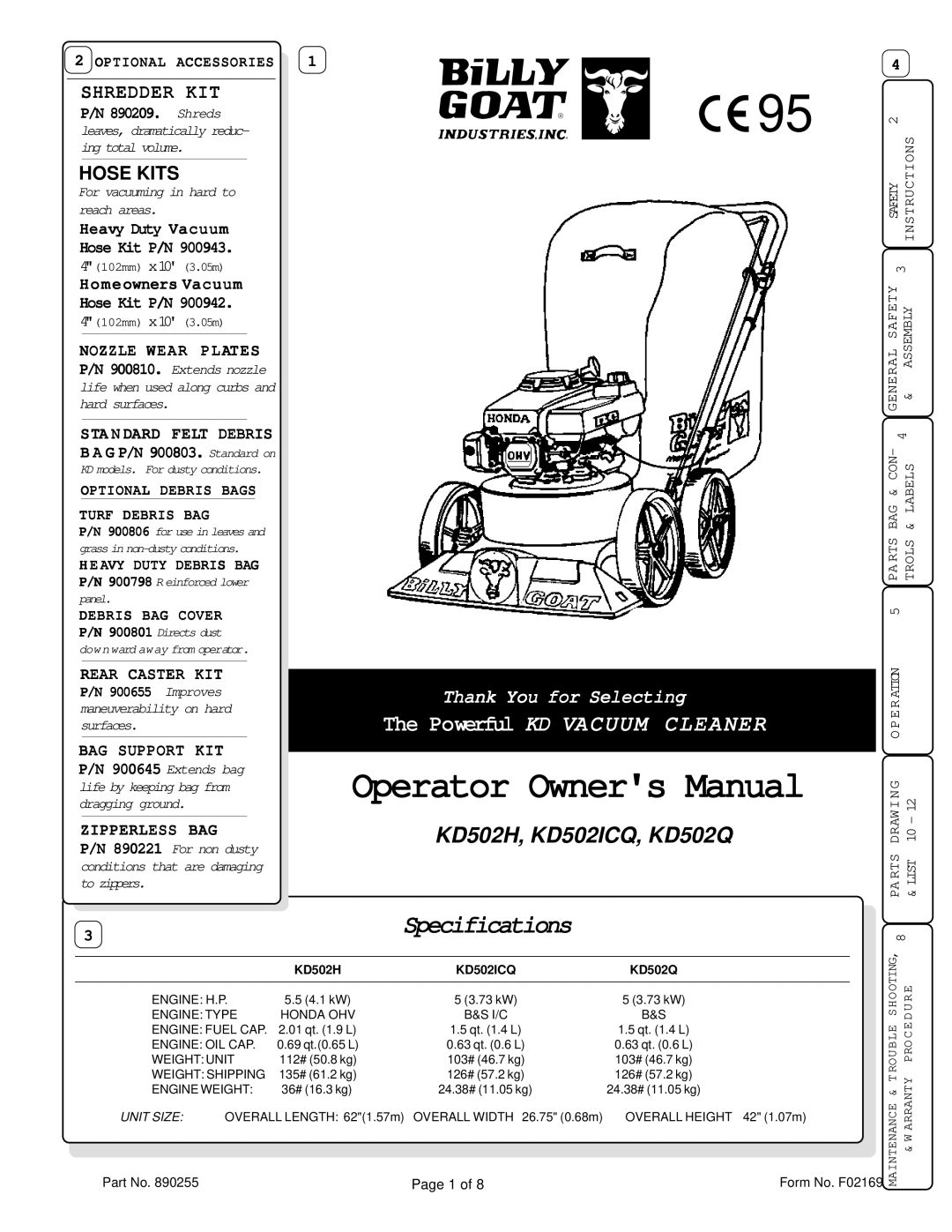 Billy Goat KD502Q, KD502ICQ, KD502H specifications Hose Kits, Operation Drawing PA RTS List 