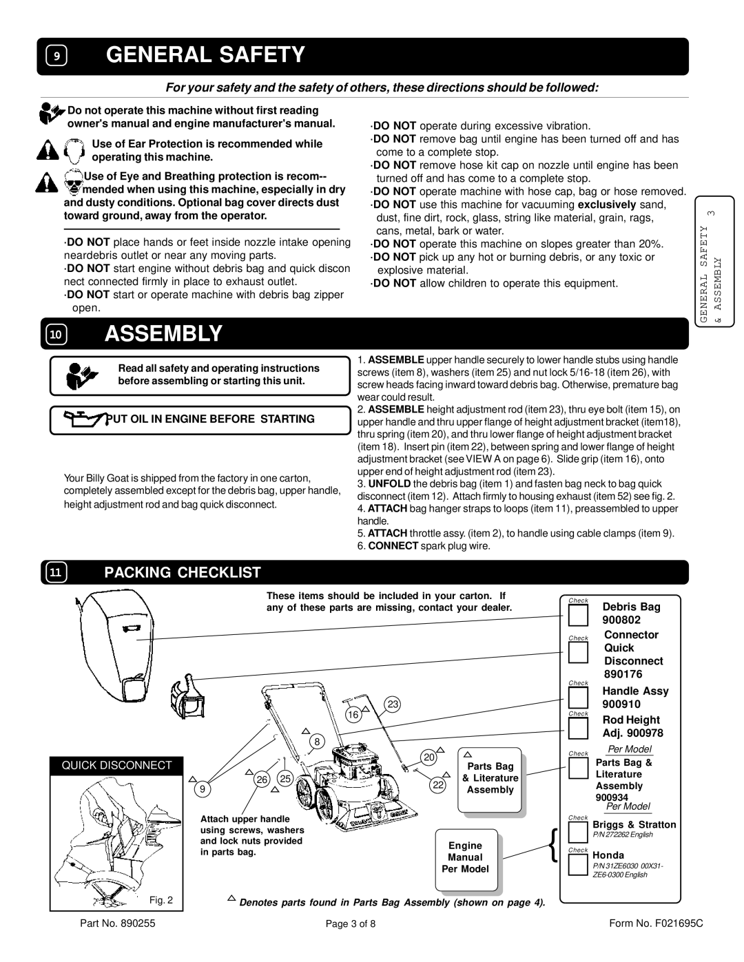 Billy Goat KD502ICQ, KD502Q Debris Bag, 900802, Connector, Quick, Disconnect, 890176, Handle Assy, 900910, Rod Height, Adj 