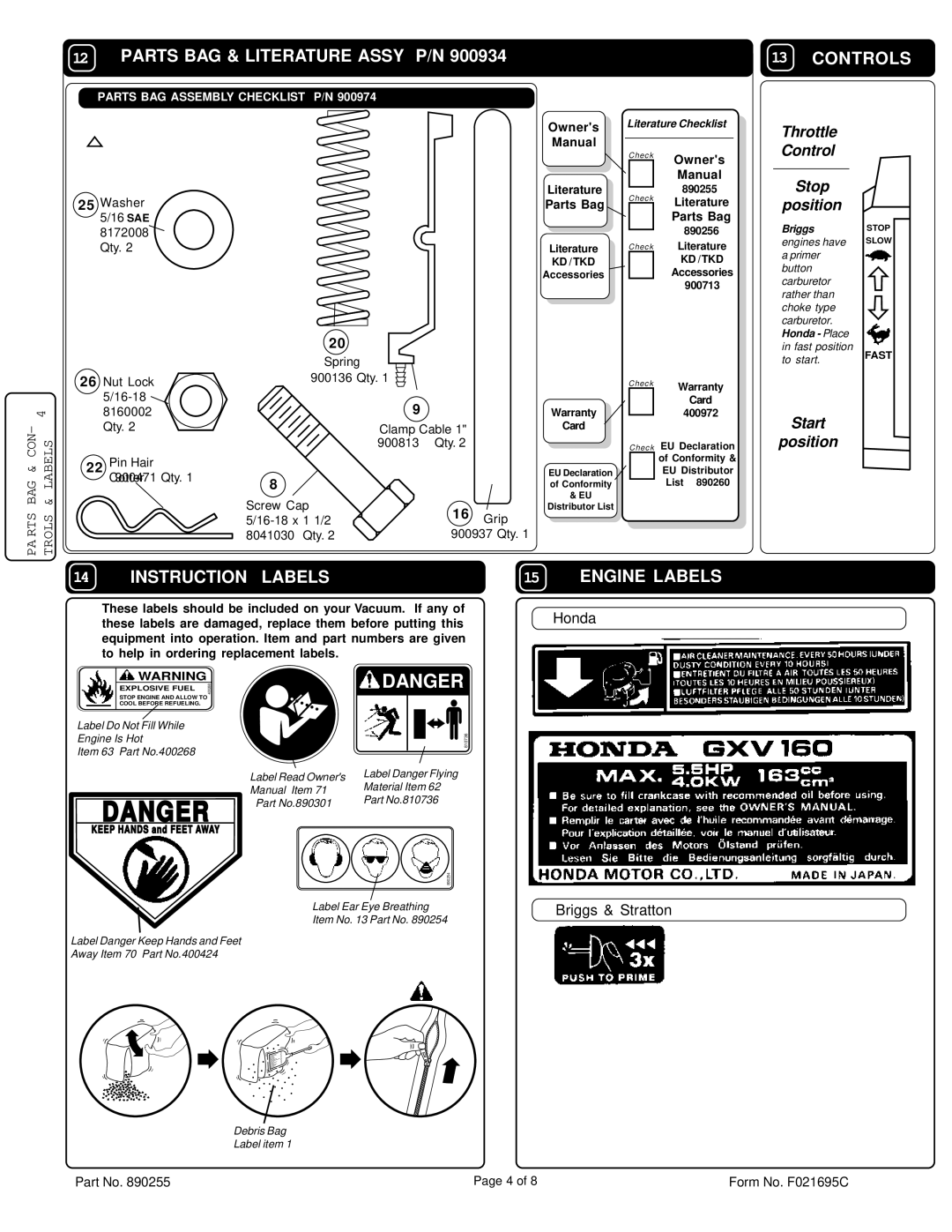 Billy Goat KD502Q, KD502ICQ, KD502H Parts BAG & Literature Assy P/N, Controls, Instruction Labels, Engine Labels 