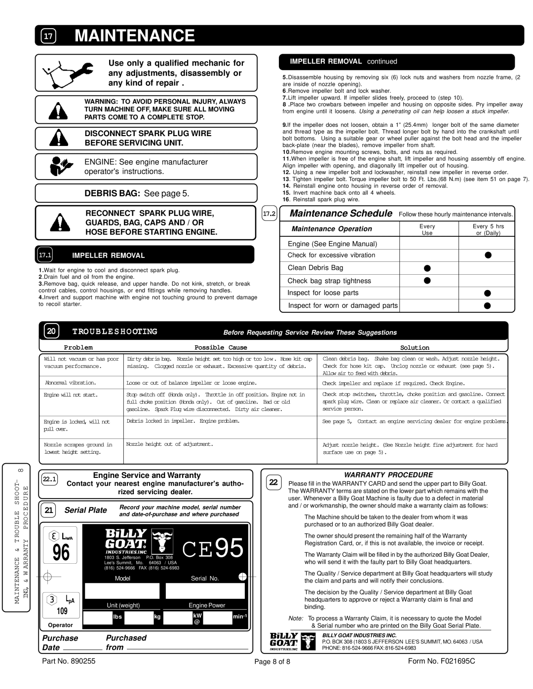 Billy Goat KD502H, KD502ICQ, KD502Q specifications Maintenance, Troubleshooting 