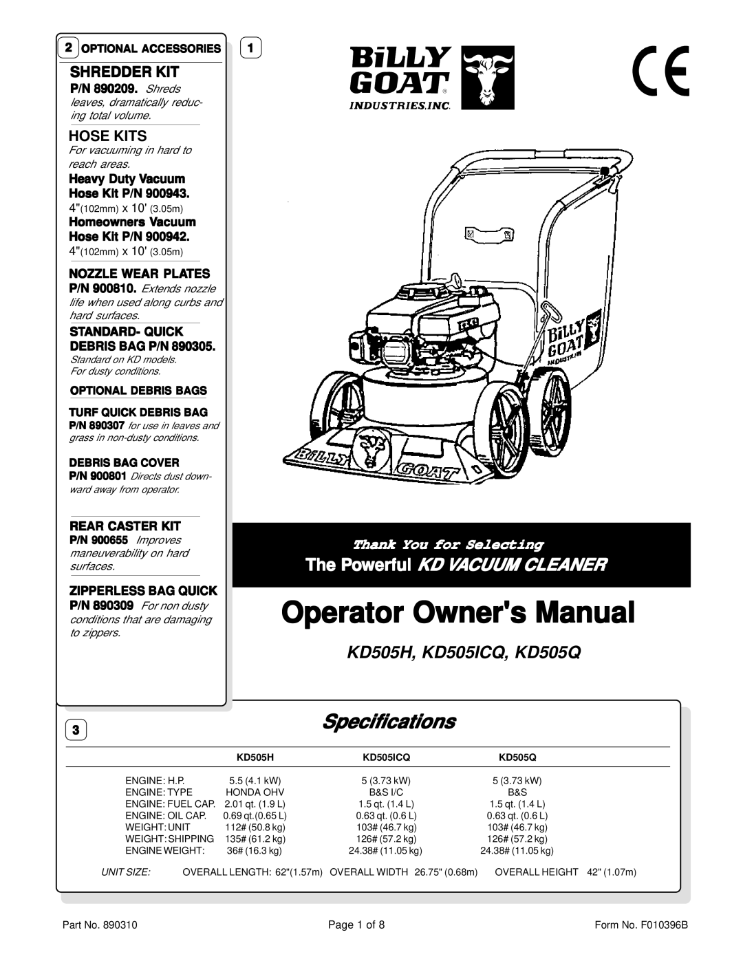 Billy Goat KD505H specifications Shreds, Heavy Duty Vacuum Hose Kit P/N, Homeowners Vacuum Hose Kit P/N, Rear Caster KIT 