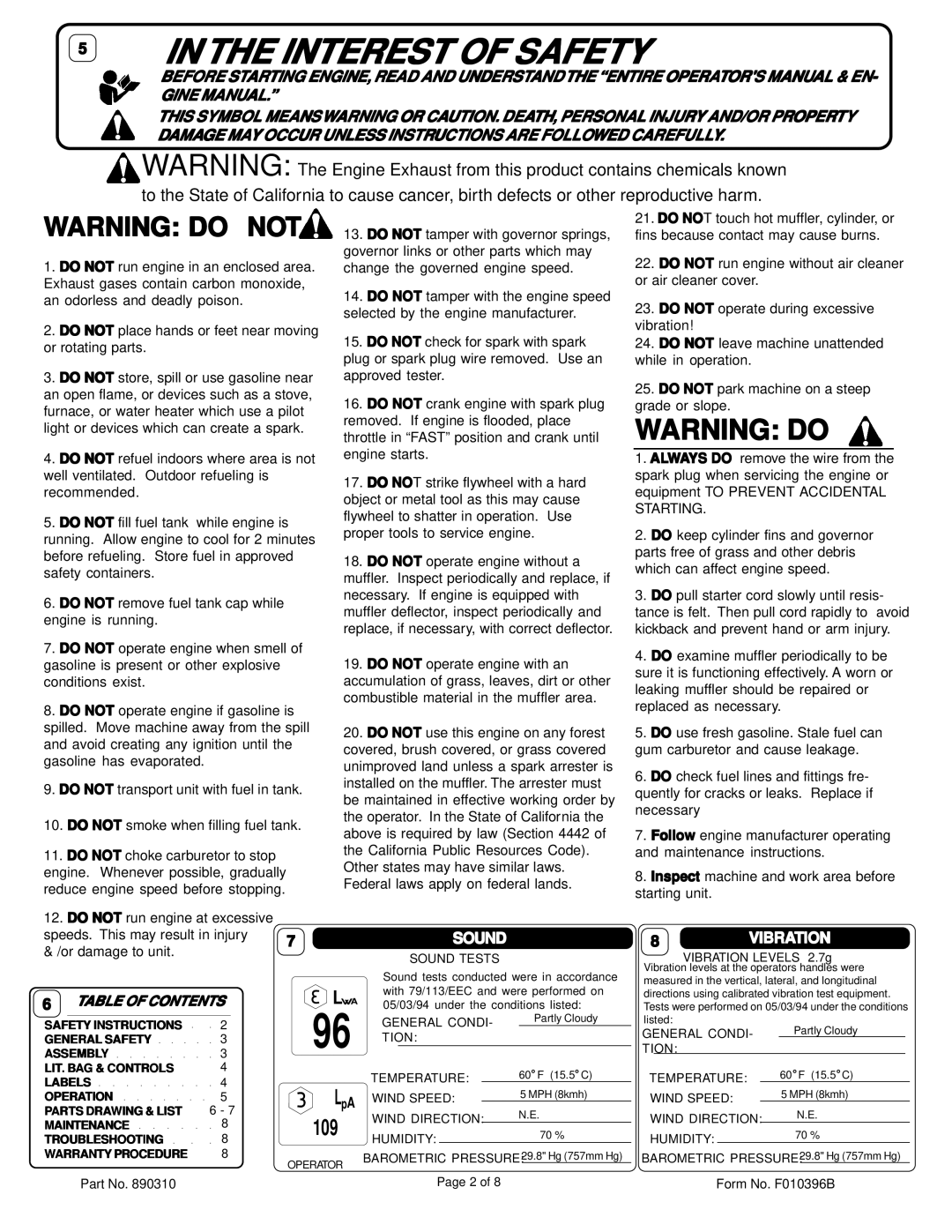 Billy Goat KD505Q, KD505ICQ, KD505H specifications Sound, 8VIBRATION 