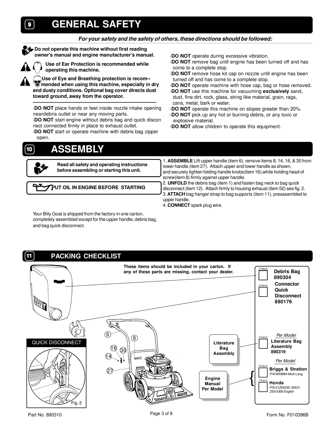 Billy Goat KD505ICQ, KD505H, KD505Q specifications Debris Bag, 890304, Check Connector Quick Disconnect 