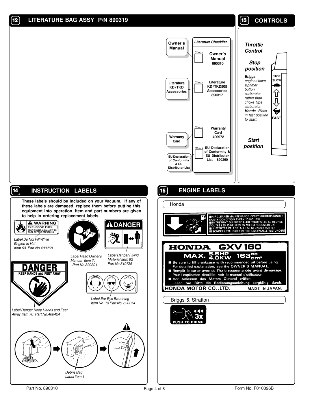 Billy Goat KD505H, KD505ICQ, KD505Q Literature BAG Assy P/N Controls, Instruction Labels, Engine Labels, Owners, Manual 