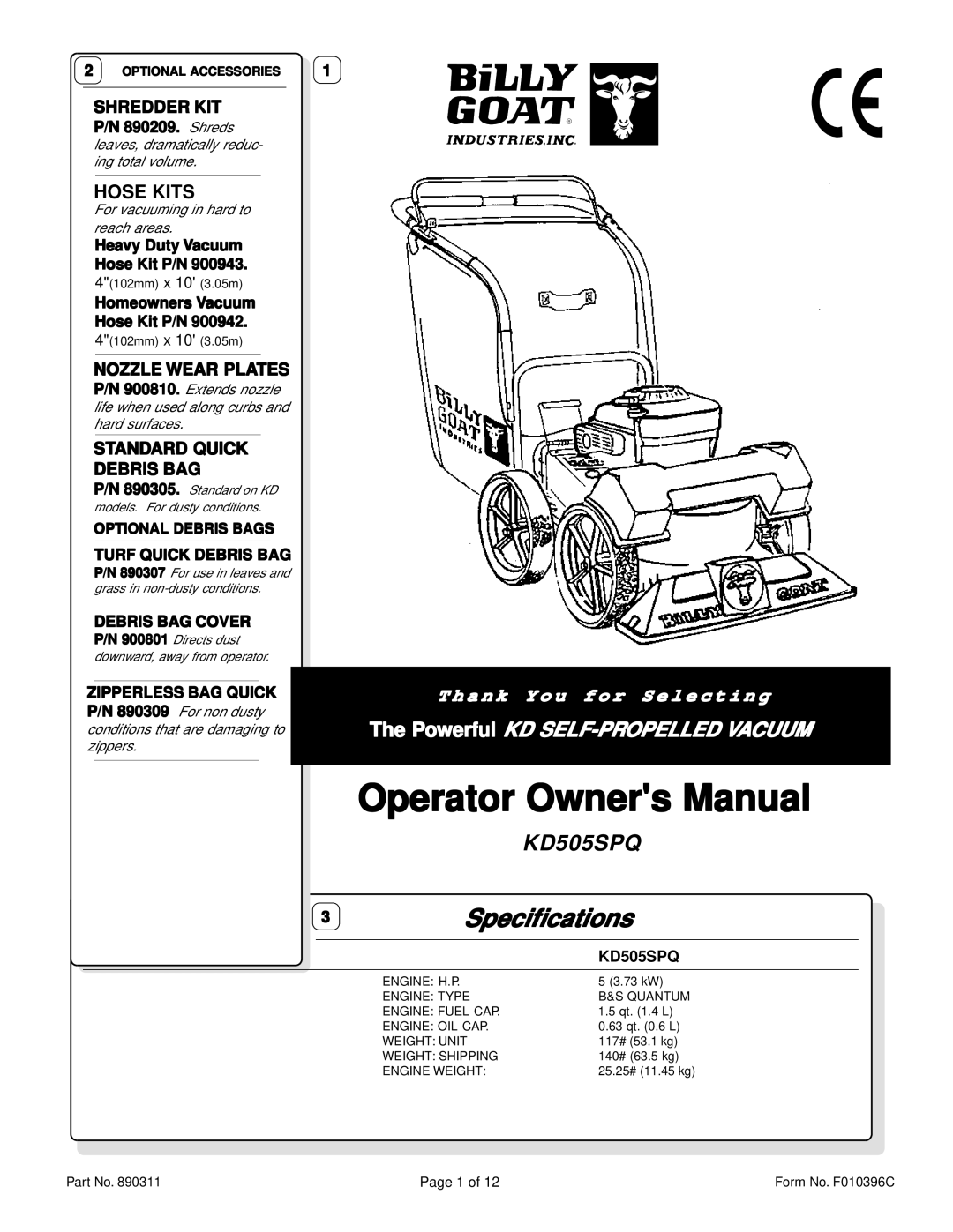 Billy Goat KD505SPQ specifications Specifications 