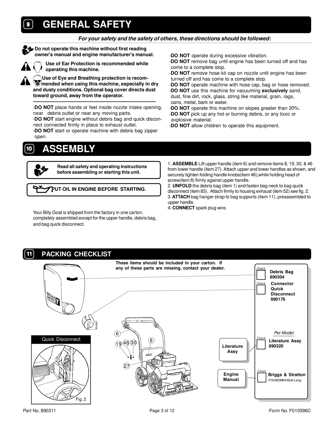 Billy Goat KD505SPQ specifications General Safety 