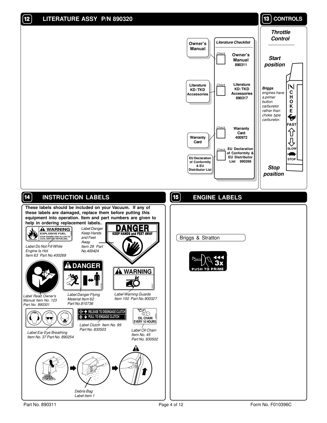 Billy Goat KD505SPQ specifications Literature Assy P/N, Controls 