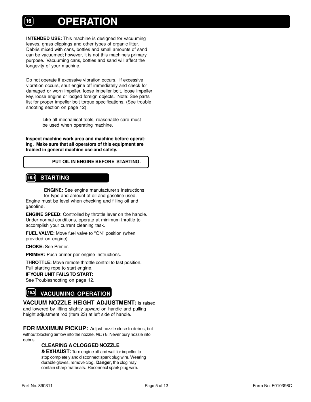 Billy Goat KD505SPQ specifications Operation 