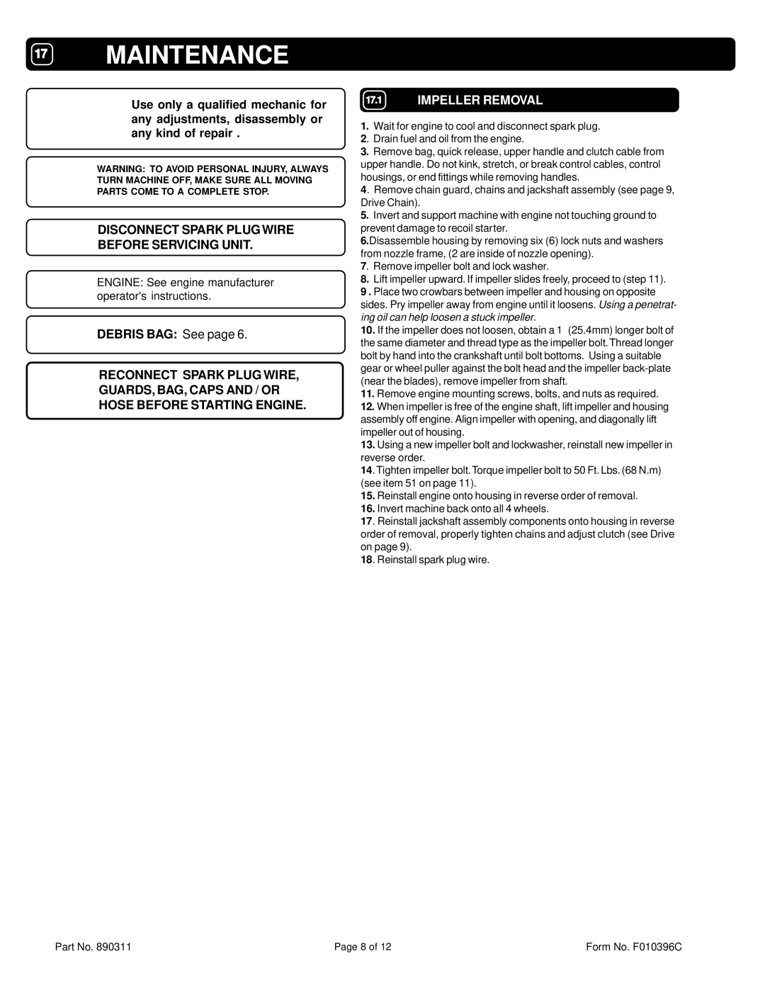 Billy Goat KD505SPQ specifications Maintenance, Impeller Removal 