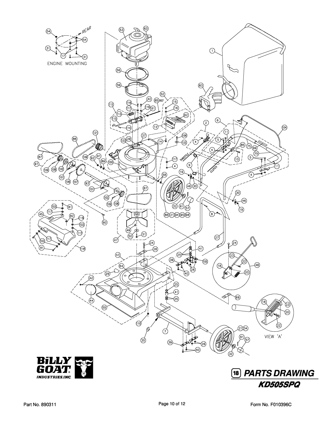Billy Goat KD505SPQ specifications Parts Drawing, Page 10 of, Form No. F010396C 
