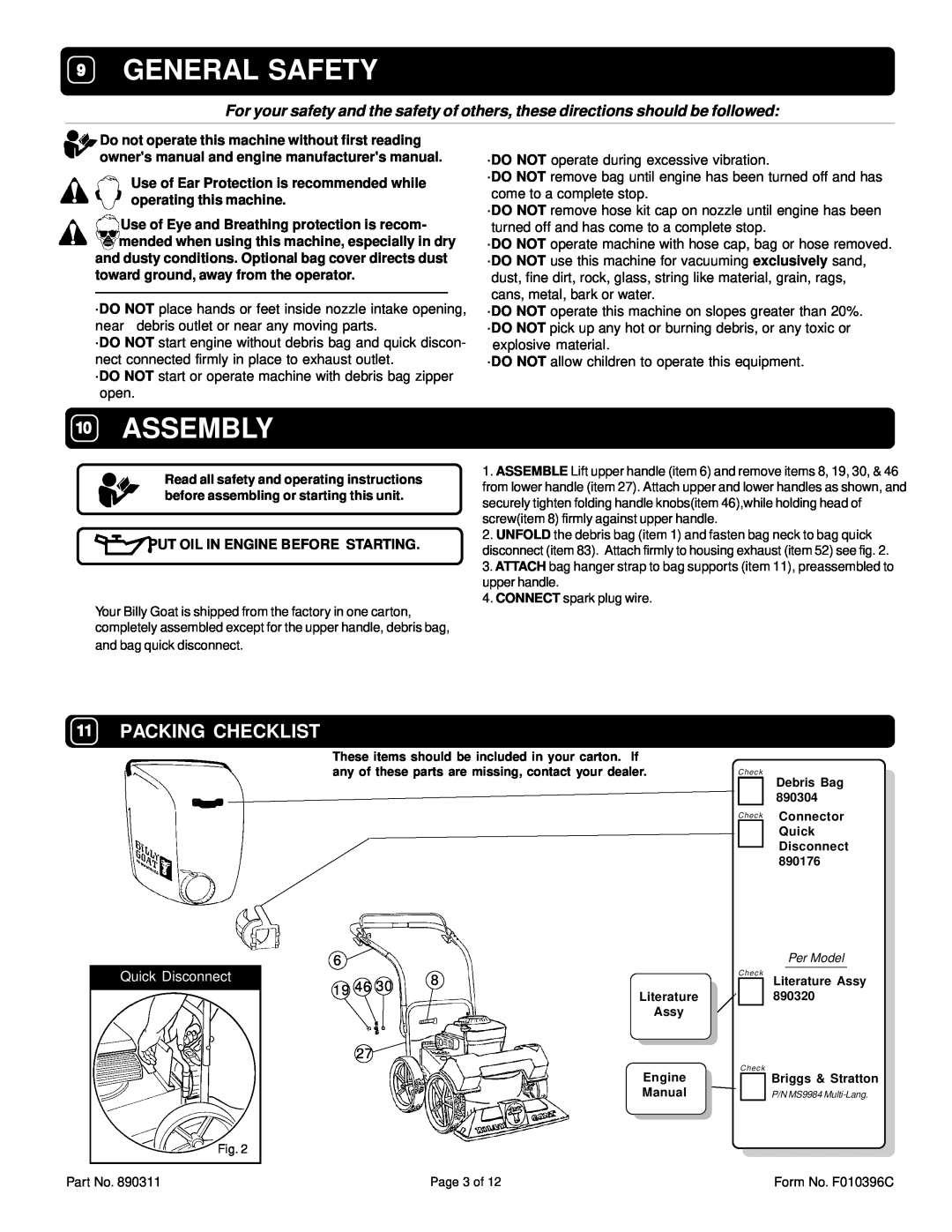 Billy Goat KD505SPQ Packing Checklist, General Safety, Assembly, Put Oil In Engine Before Starting, Quick Disconnect 