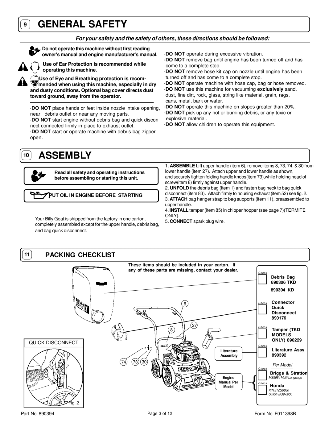 Billy Goat KD510 specifications Packing Checklist, PUT OIL in Engine Before Starting 