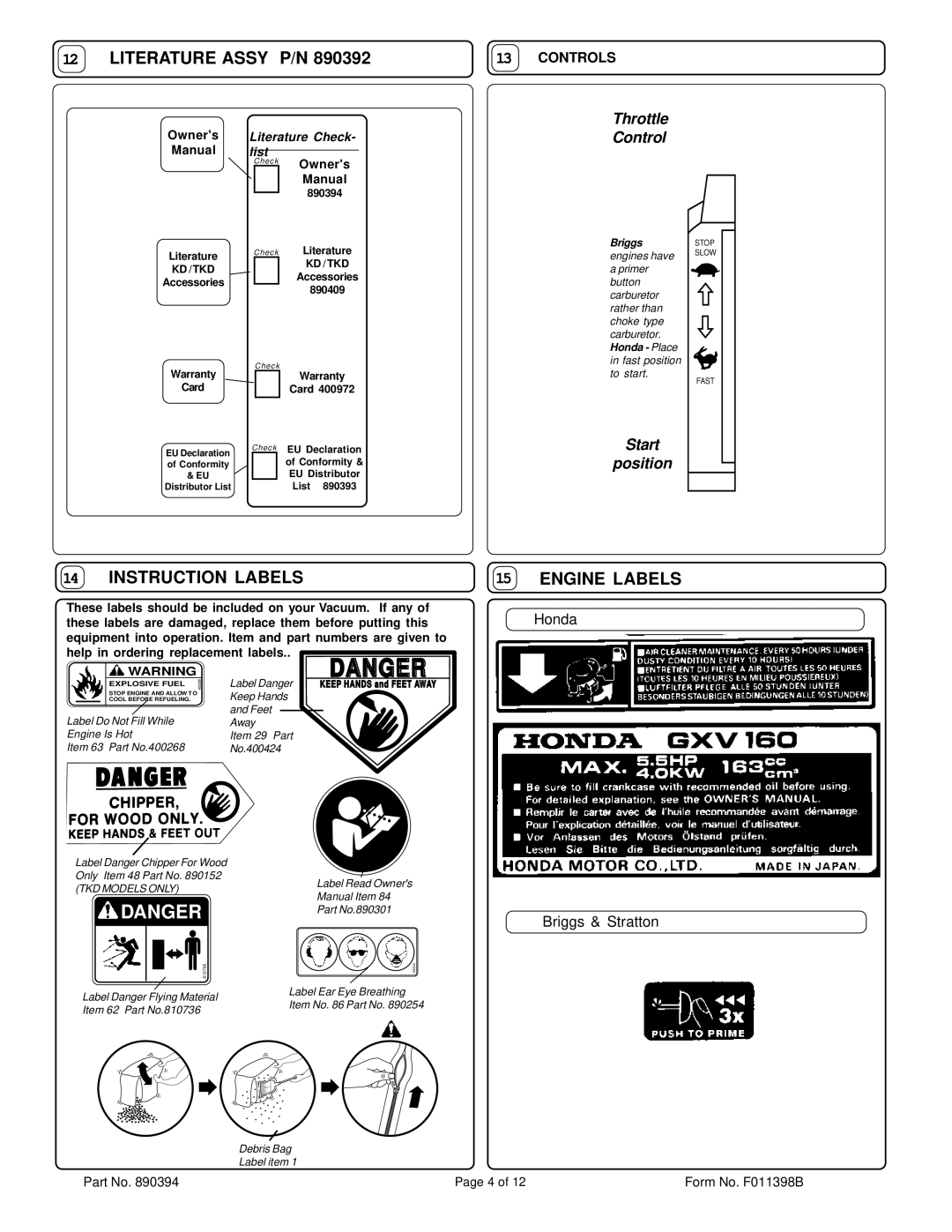 Billy Goat KD510 specifications Literature Assy P/N, Controls 